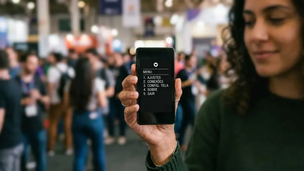 Mulher Segura Celular Com Interface Minimalista, Ilustrando Modelos De Smartphones Que Priorizam Proteção De Dados E Privacidade Dos Usuários.