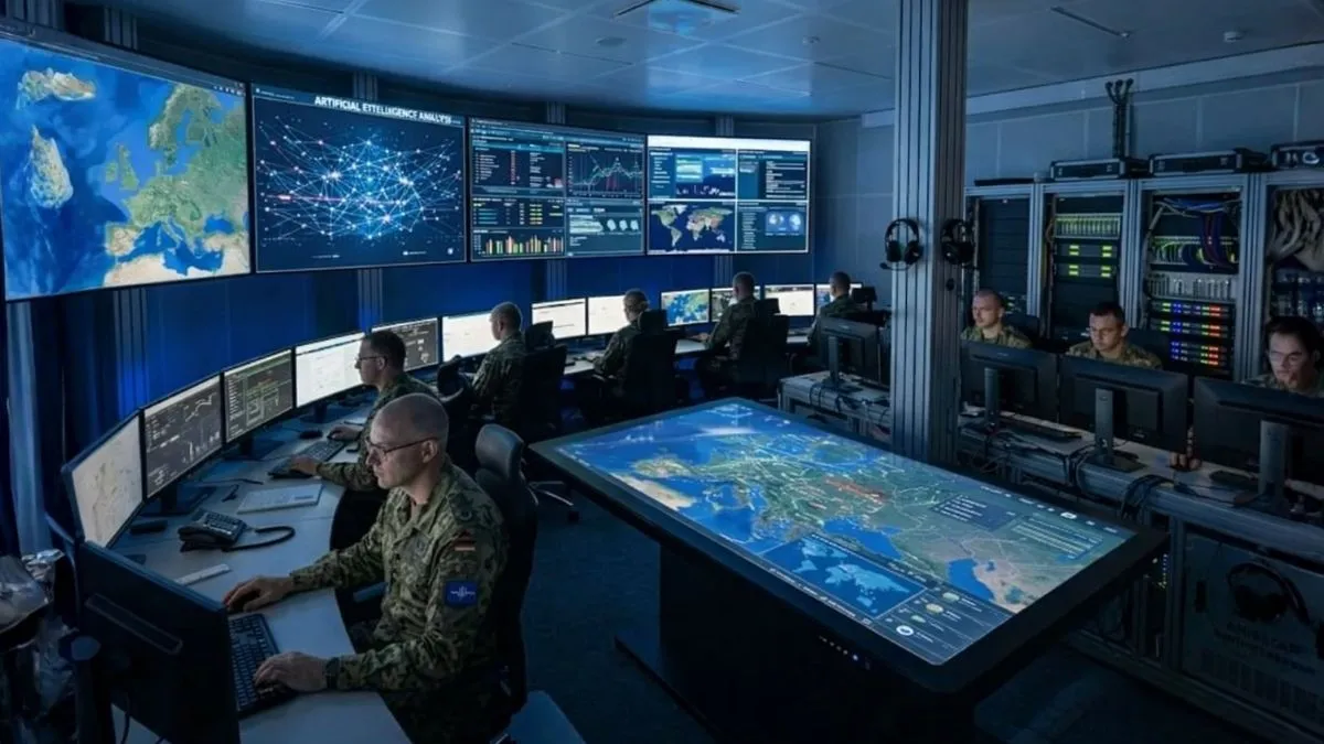 Centro de comando militar com analistas monitorando mapas globais e painéis de inteligência artificial usados para análise estratégica em sistemas de defesa.
