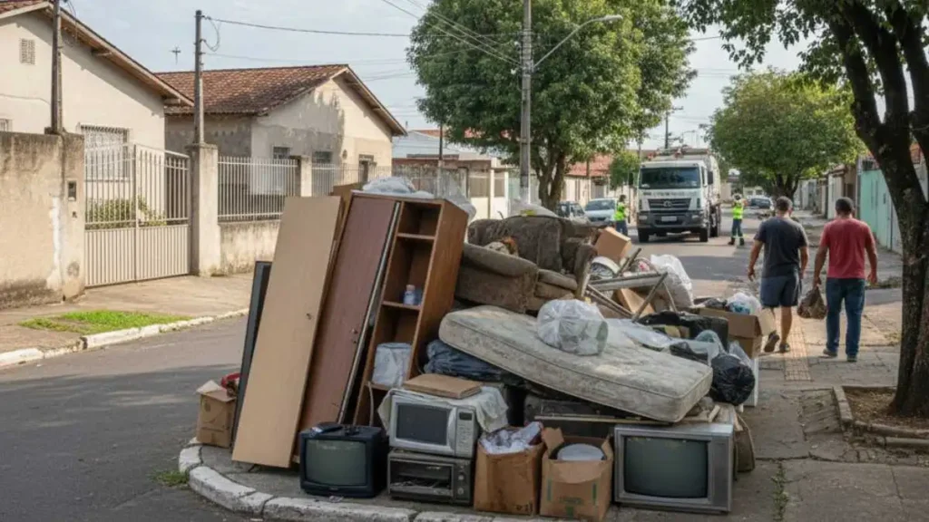 Pilha De Móveis Velhos, Colchões E Televisores Em Uma Calçada De Caieiras, Com Um Caminhão De Lixo Ao Fundo Realizando O Serviço De Limpeza.