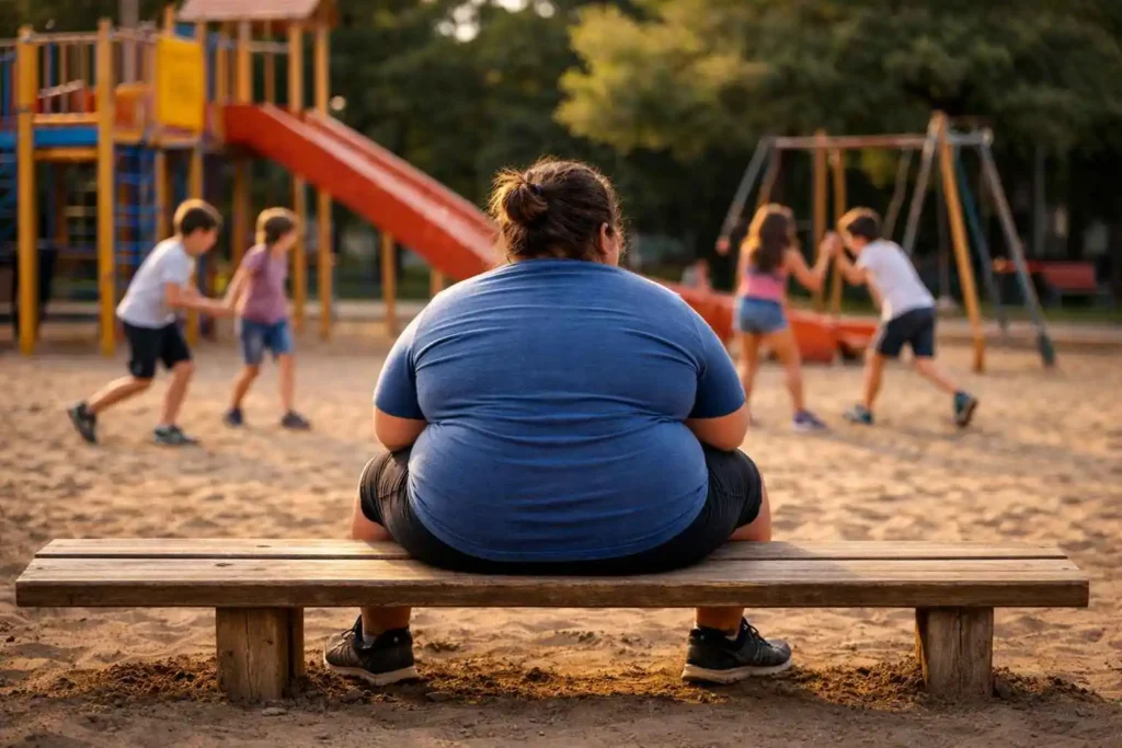 Criança Com Obesidade Sentada Sozinha Em Banco De Parque Enquanto Outras Crianças Brincam Ao Fundo Em Área De Playground