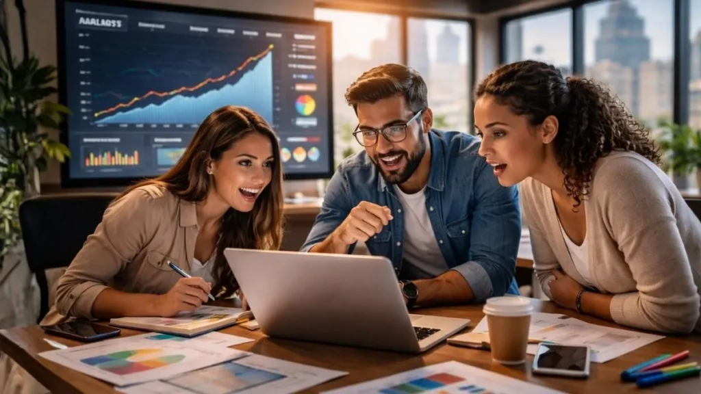 Profissionais De Marketing Analisam Resultados De Campanha Digital Em Reunião Estratégica Dentro De Agência Moderna