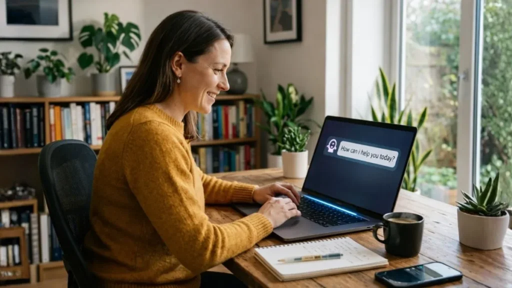 Mulher Utilizando Inteligência Artificial Em Notebook Em Ambiente De Home Office Iluminado Por Luz Natural