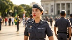 Policial Militar Feminina Em Primeiro Plano, Representando O Reforço Na Segurança E Atendimento Especializado Para Mulheres Em Franco Da Rocha.