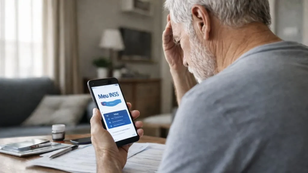 Idoso Sentado À Mesa Em Casa Olhando Preocupado Para O Celular Com Aplicativo Meu Inss Aberto, Com Documentos Espalhados Ao Redor