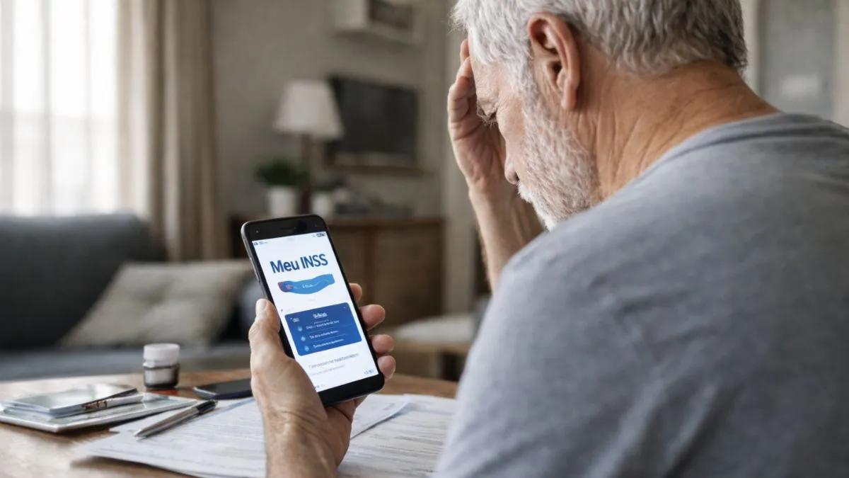 Idoso sentado à mesa em casa olhando preocupado para o celular com aplicativo Meu INSS aberto, com documentos espalhados ao redor
