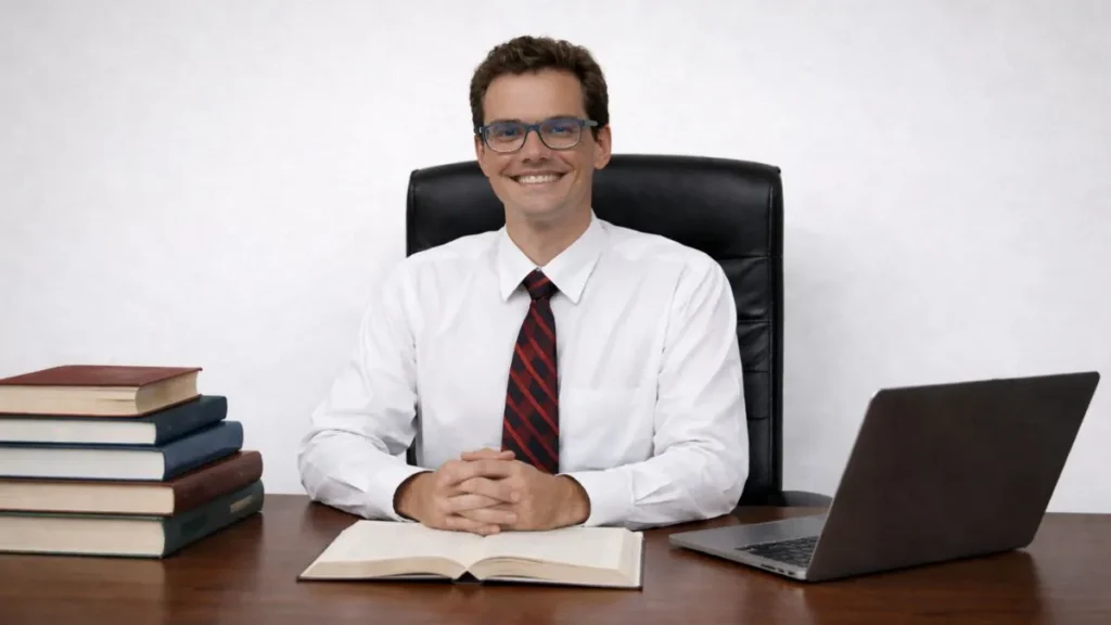 Ex-Magistrado De Camisa Social E Gravata Sentado Em Mesa Com Livros E Computador Em Ambiente Profissional Representando Debate Jurídico Institucional