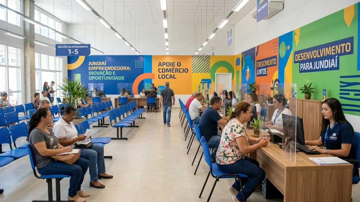 Sala De Atendimento Lotada Durante Mutirão De Empregos Em Jundiaí, Com Recrutadores Entrevistando Candidatos E Pessoas Aguardando Vagas Disponíveis No Evento.