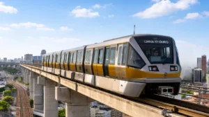 Monotrilho Dourado Identificado Como Linha 17-Ouro Circulando Em Via Elevada Em São Paulo Sob Céu Azul Limpo, Com Iluminação De Manhã E Prédios Ao Fundo.