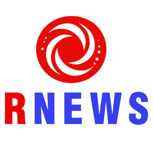 Logotipo Oficial Do Portal De Notícias Rnews Com Símbolo Circular Vermelho E Nome Em Azul