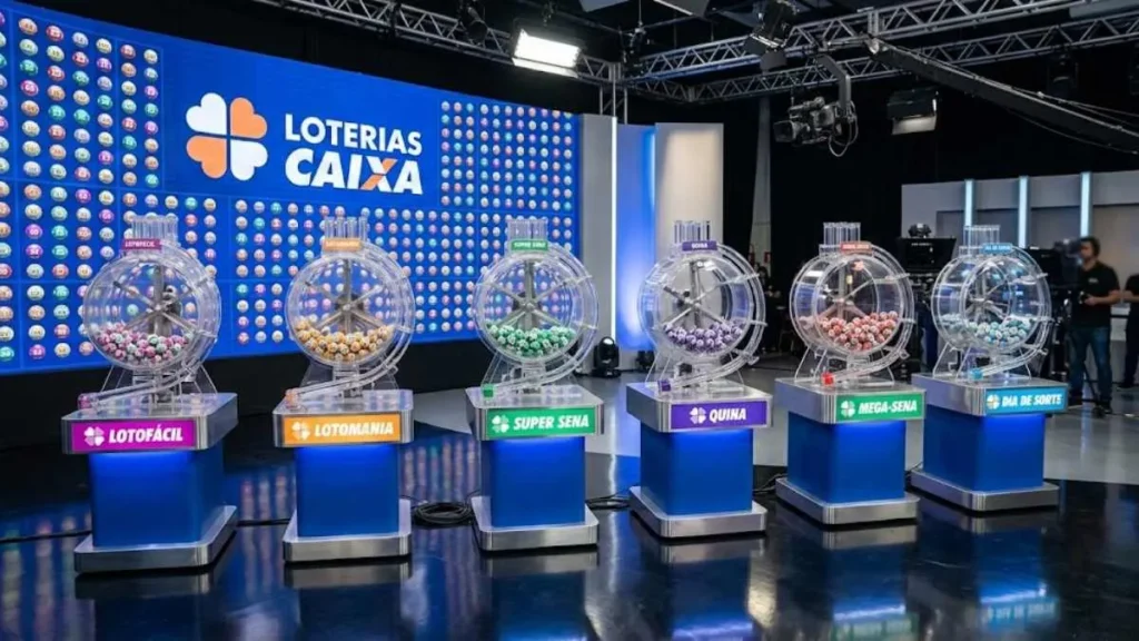 Estúdio Das Loterias Caixa Com Seis Globos Sorteados Da Lotofácil, Lotomania, Super Sena, Quina, Mega-Sena E Dia De Sorte Enfileirados.