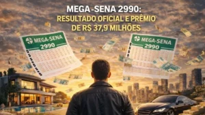 Resultado Oficial Da Mega-Sena 2990 Com Prêmio De R$ 37,9 Milhões, Ilustrado Com Bilhetes Da Loteria, Dinheiro, Casa De Luxo E Carro De Alto Padrão Ao Fundo