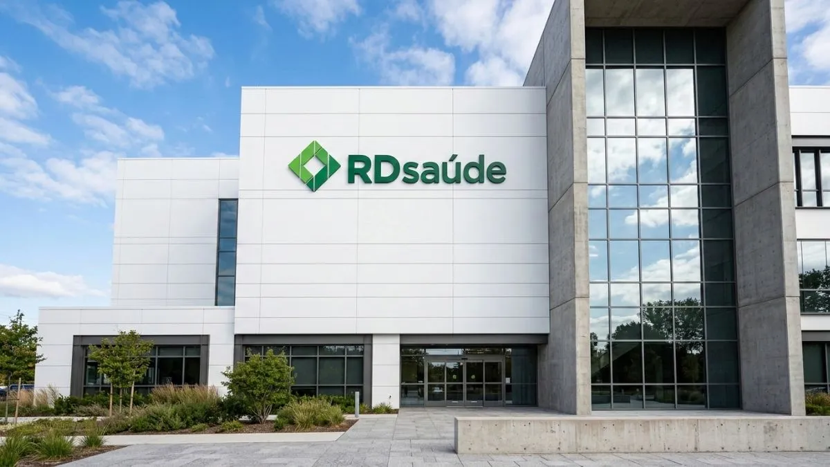 Fachada moderna da unidade RD Saúde com letreiro verde, ilustrando a expansão da rede e abertura de vagas para o Centro de Distribuição em Itupeva.