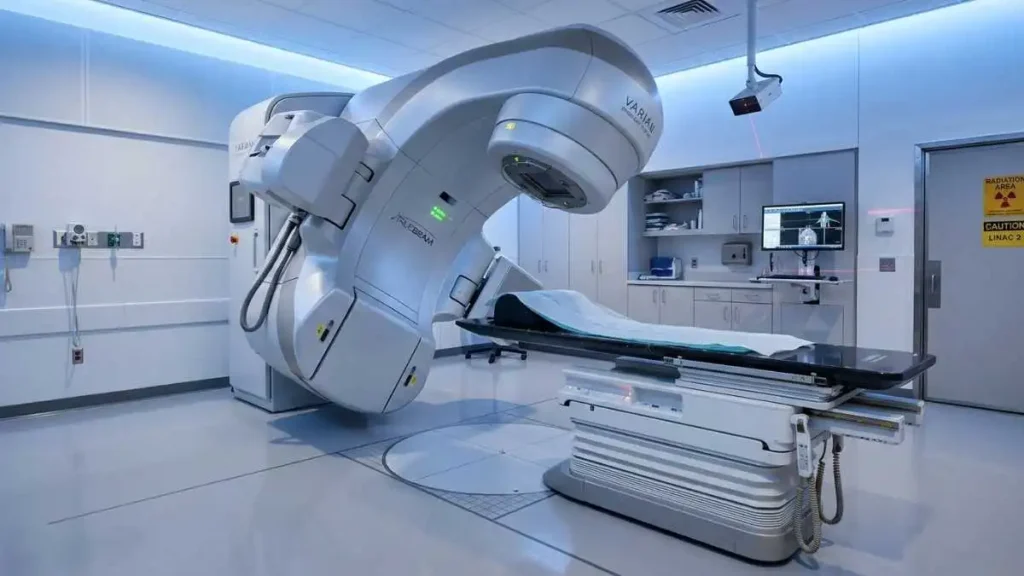 Equipamento De Radioterapia Em Sala Hospitalar, Ilustrando Os Métodos Atuais Que A Nova Terapia Com Nanomateriais Visa Superar Em Precisão E Segurança.