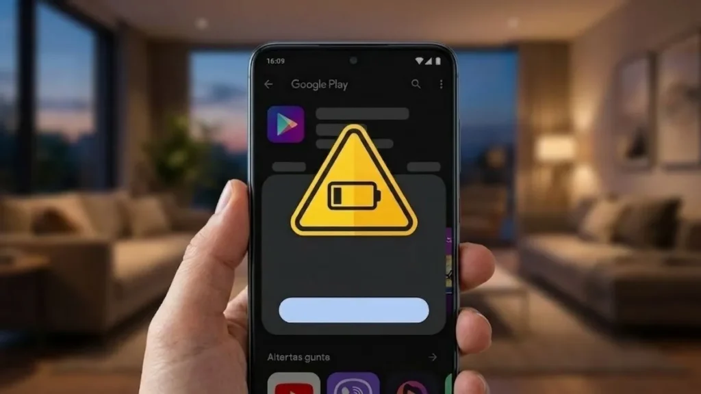 Celular Exibindo Alerta De Alto Consumo De Bateria Em Aplicativo Na Google Play Store Antes Do Download.