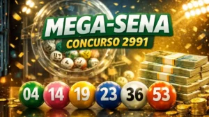 Bolas Da Mega-Sena Com Números 04 14 19 23 36 53 Do Concurso 2991 Em Destaque Com Máquina De Sorteio E Dinheiro Ao Fundo