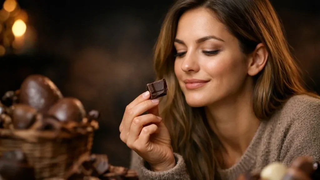 Mulher Segurando Pequeno Pedaço De Chocolate Com Expressão De Satisfação E Controle, Destacando Consumo Moderado Na Páscoa