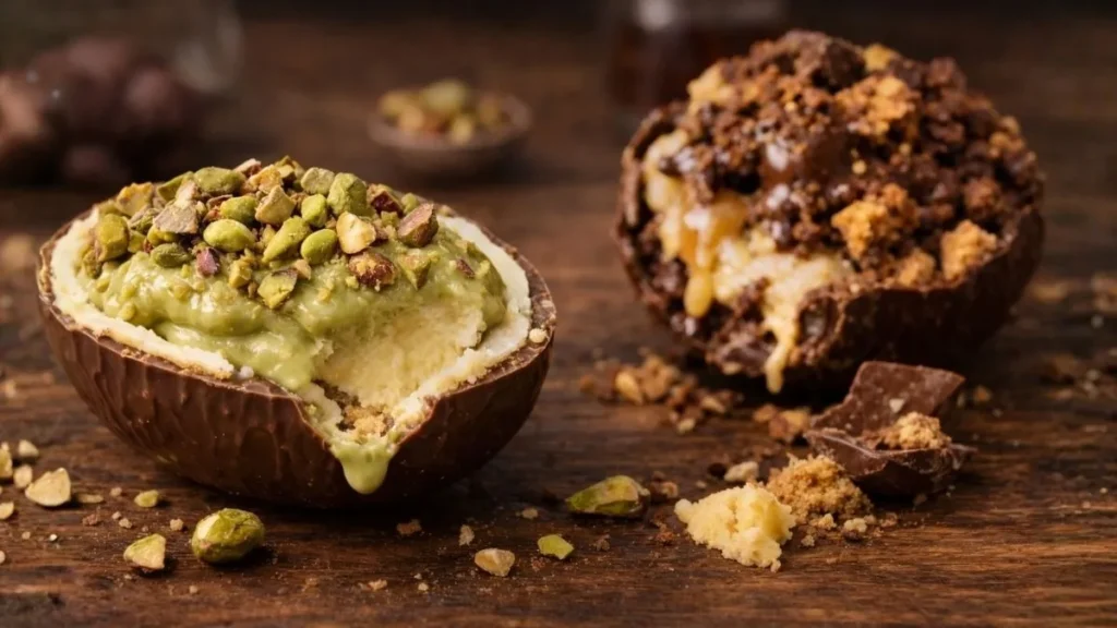 Você Acha Que Escolheu Bem… Até Perceber O Erro Silencioso Nos Ovos De Páscoa De 2026 2 Ovo De Páscoa De Chocolate Cortado Ao Meio Com Recheio Cremoso De Pistache E Pedaços De Pistache Por Cima, Ao Lado De Outro Ovo Recheado Com Caramelo E Farofa Crocante, Sobre Mesa De Madeira Rústica.