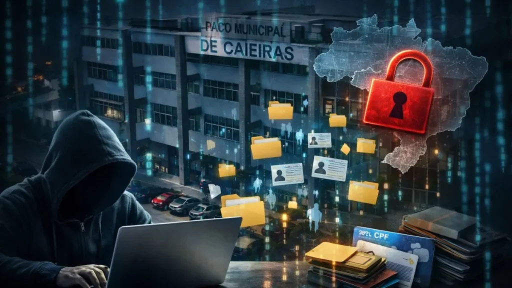 Ilustração De Possível Ataque Hacker Com Invasor Encapuzado Usando Laptop Enquanto Dados Digitais Aparecem Sobre O Prédio Da Prefeitura De Caieiras, Simbolizando Vazamento De Informações Sensíveis Da População.