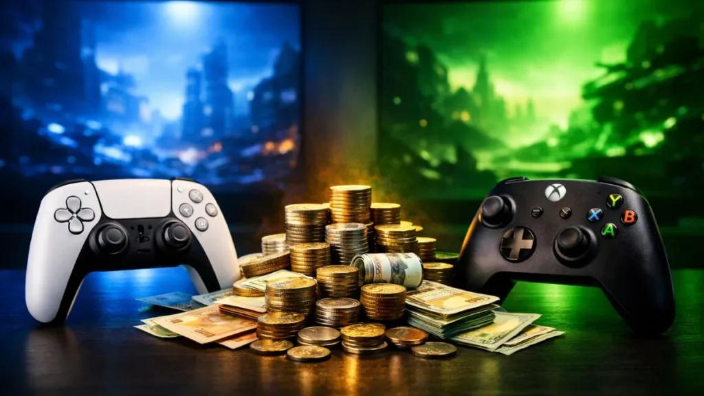 Controles De Ps5 E Xbox Lado A Lado Com Moedas E Cédulas Ao Centro, Fundo Com Luz Azul E Verde Representando A Disputa Entre Consoles
