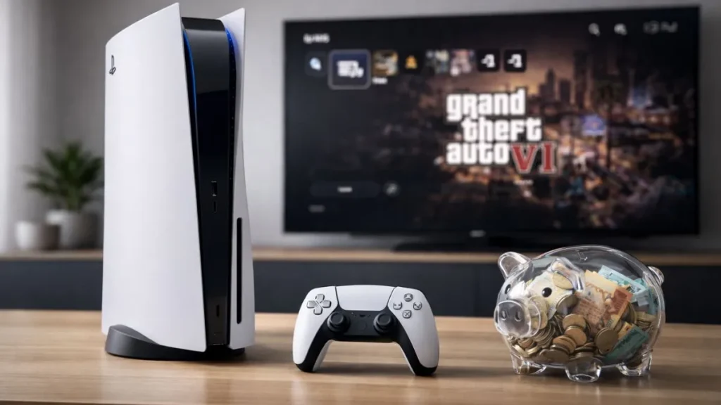 Playstation 5 Em Mesa Moderna Com Controle E Cofre Transparente Em Formato De Porquinho Cheio De Moedas E Cédulas Ao Lado, Com Tv Ao Fundo Exibindo Interface De Jogo