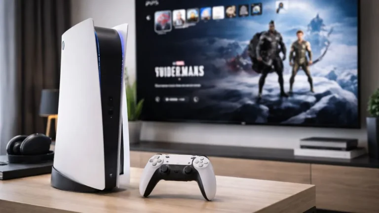 Playstation 5 Sobre Mesa Moderna Com Controle Ao Lado E Tv Exibindo Interface De Jogos Em Ambiente Minimalista E Iluminado