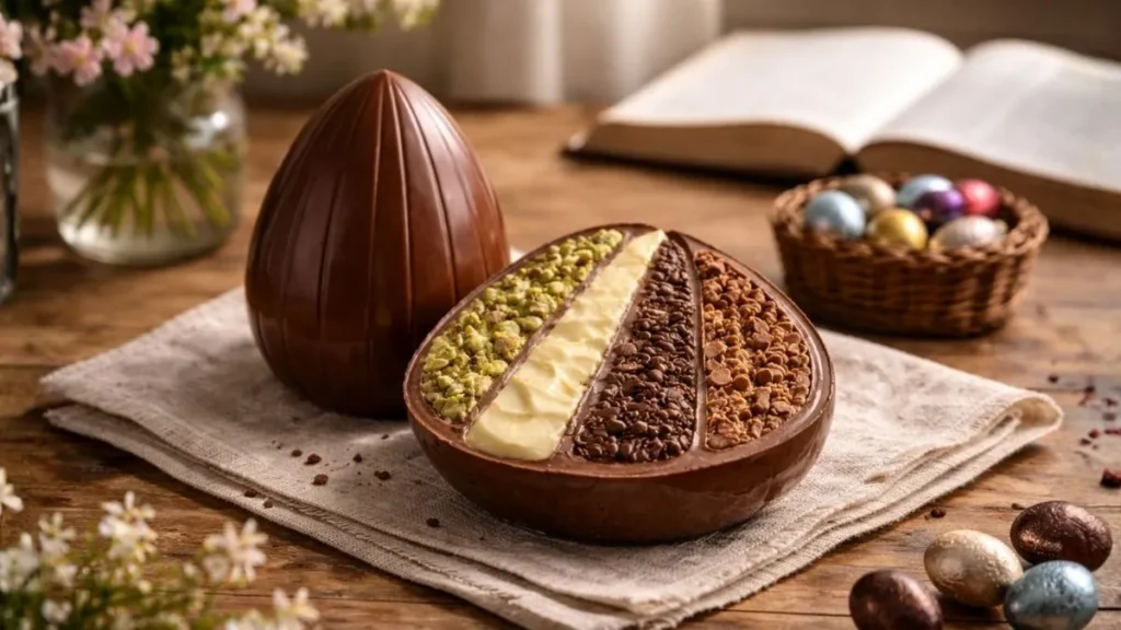 Ovo De Páscoa 2026 Aberto Com Recheios Variados De Pistache, Chocolate Ao Leite E Creme Branco Sobre Mesa Rústica, Representando Tendências E Preços Do Chocolate No Brasil.