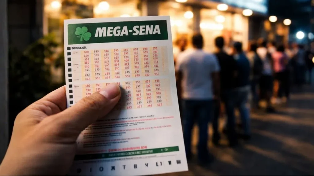 Mão Segurando Volante Oficial Da Mega-Sena Em Destaque Com Números Marcados, Fundo Desfocado De Casa Lotérica Brasileira E Clima De Expectativa Financeira.