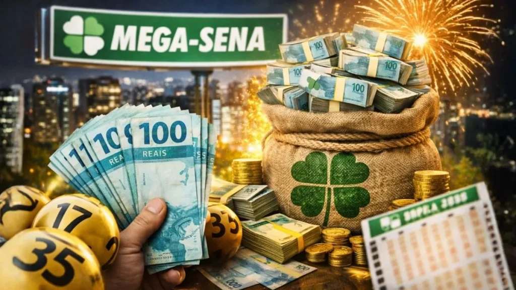 Mão Segurando Notas De R$ 100 Ao Lado De Saco Cheio De Dinheiro E Placa Da Mega-Sena Ao Fundo Com Fogos De Artifício E Bolas De Sorteio Douradas.