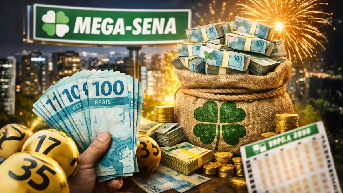 Mão segurando notas de R$ 100 ao lado de saco cheio de dinheiro e placa da Mega-Sena ao fundo com fogos de artifício e bolas de sorteio douradas.