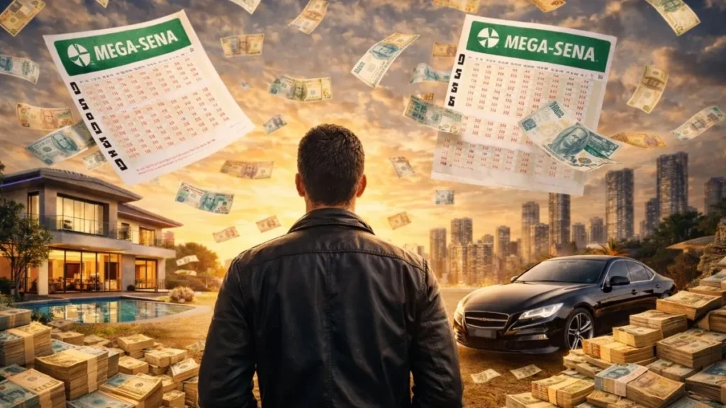 Homem Observando Cenário Com Dinheiro, Imóveis De Luxo E Bilhetes Da Mega-Sena Representando Prêmio Milionário E Mudança De Vida