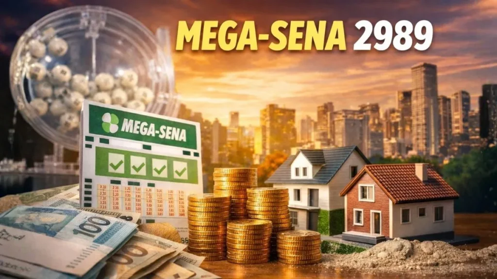 Imagem Horizontal Mostra Volante Da Mega-Sena Com Pilhas De Moedas E Casas Residenciais Ao Fundo Simbolizando Investimento Imobiliário Após Prêmio Milionário Do Concurso 2989.
