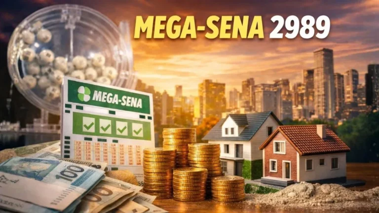 Imagem Horizontal Mostra Volante Da Mega-Sena Com Pilhas De Moedas E Casas Residenciais Ao Fundo Simbolizando Investimento Imobiliário Após Prêmio Milionário Do Concurso 2989.