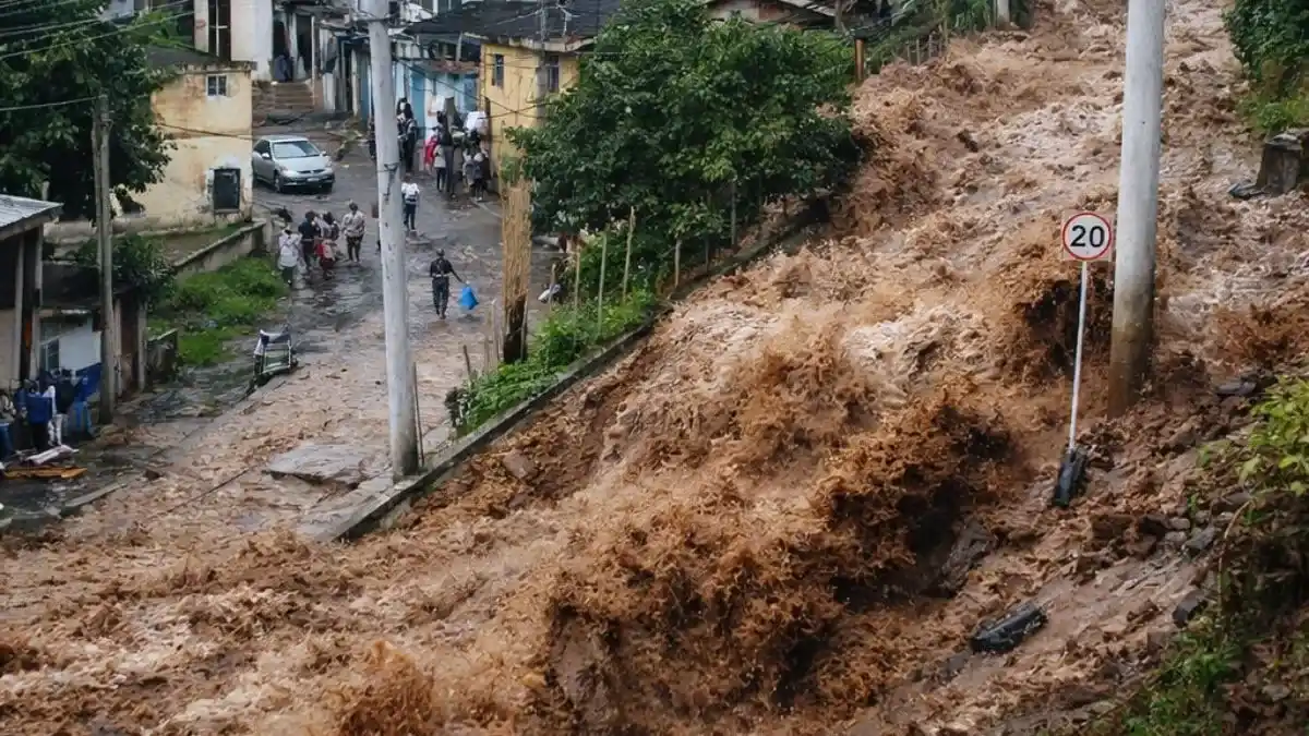 Enxurrada De Lama Invade Rua E Desce Com Força Por Bairro De Mairiporã Após Rompimento De Reservatório, Assustando Moradores E Provocando Destruição.