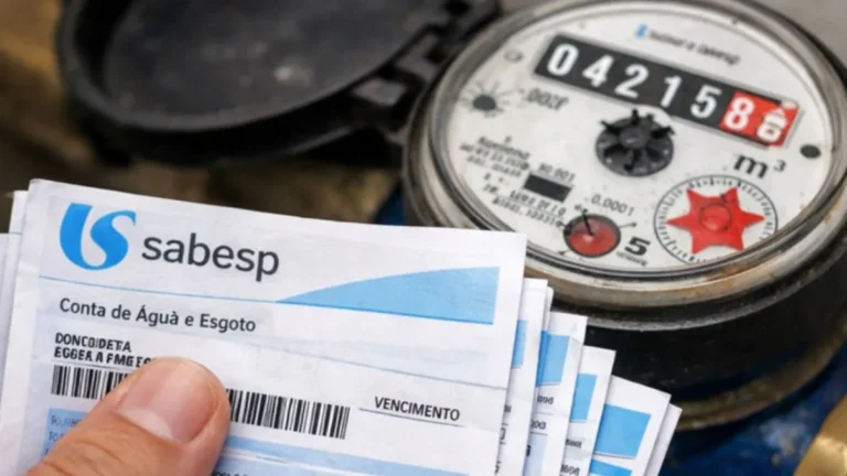 Hidrômetro De Água Residencial Com Leitura Visível Ao Lado De Contas Da Sabesp Sendo Seguradas Por Uma Mão, Representando Cobrança E Consumo De Água.