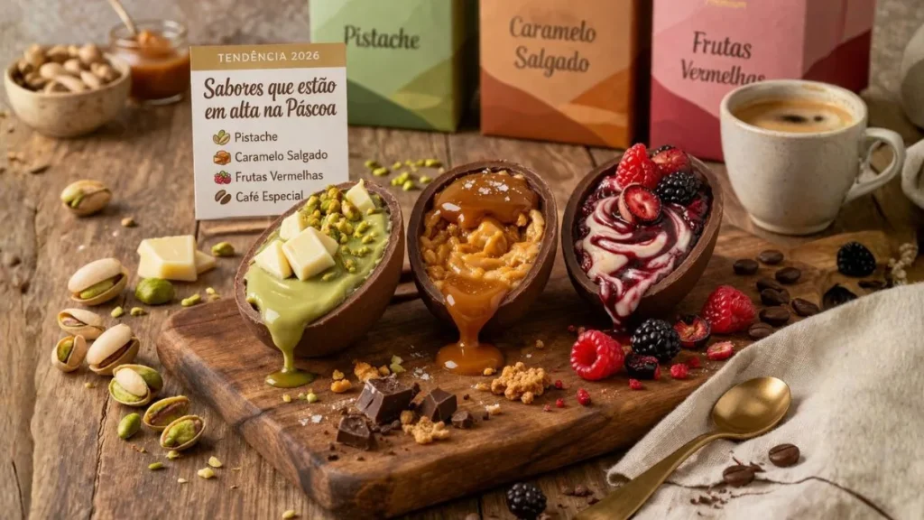 Ovos De Páscoa Abertos Com Recheios Cremosos De Pistache, Caramelo Salgado E Frutas Vermelhas Dispostos Sobre Mesa De Madeira Em Cenário Gastronômico Realista.