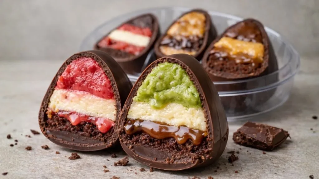 Ovos De Páscoa Gourmet Cortados Ao Meio Mostrando Recheios Cremosos Em Camadas, Como Morango, Pistache E Caramelo, Tendência De Ovos Em Fatias Que Ganha Destaque Na Páscoa 2026.