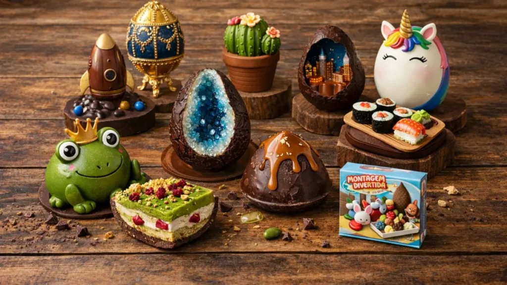 Ovos De Páscoa Criativos E Diferentes Com Formatos Inusitados E Recheios Variados Dispostos Sobre Mesa De Madeira Em Cenário Realista.