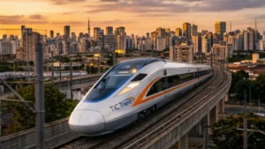 Trem moderno da TIC Trens circulando em trilho elevado diante do skyline de São Paulo ao entardecer, representando o projeto de trem intercidades entre cidades do estado.