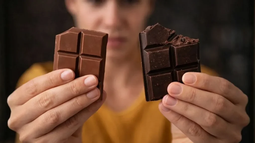 Pessoa Segurando Chocolate Ao Leite E Chocolate Amargo Com Expressão De Dúvida, Destacando Escolha Entre Opções Consideradas Saudáveis