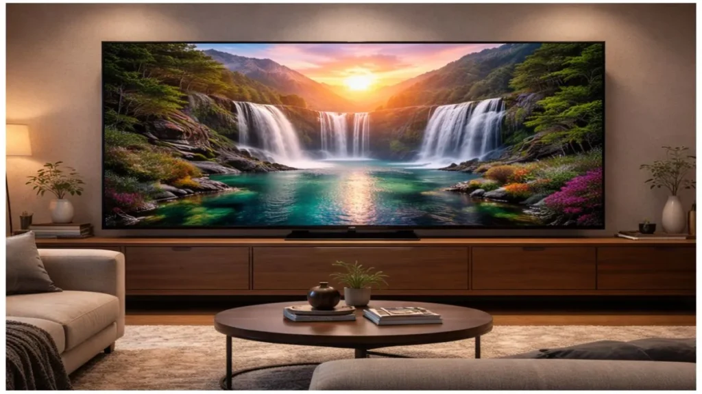 Tv Gigante De Cerca De 85 Polegadas Em Sala Moderna Exibindo Paisagem Natural Vibrante Com Cachoeira E Pôr Do Sol.