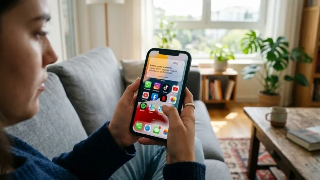 Celular Exibindo Aviso De Bateria Quase Acabando Com Vários Aplicativos De Redes Sociais Na Tela.