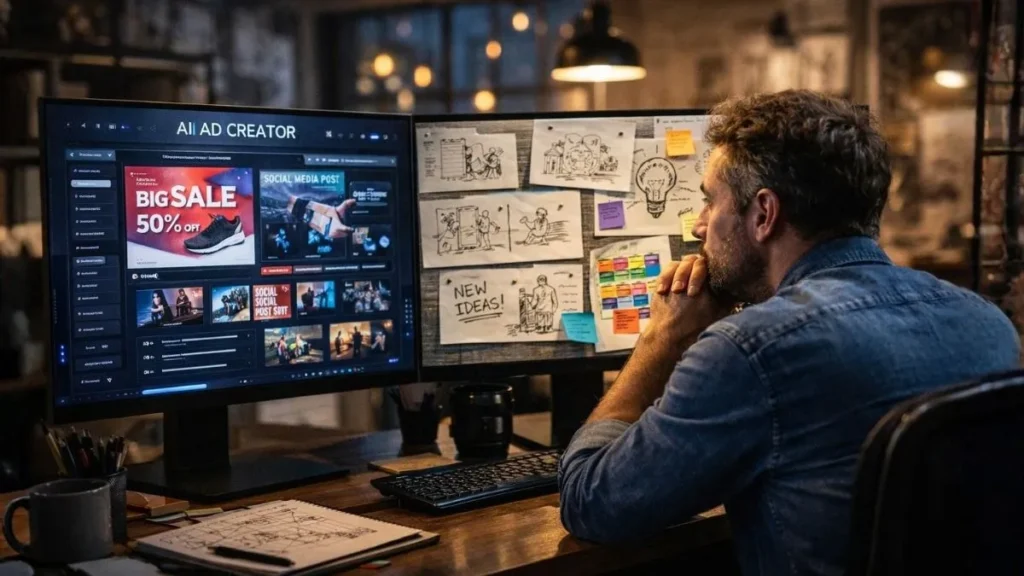 Diretor De Criação Analisa Campanhas Geradas Por Inteligência Artificial Em Telas Digitais Enquanto Observa Sketches Criativos Em Ambiente De Agência Moderna.