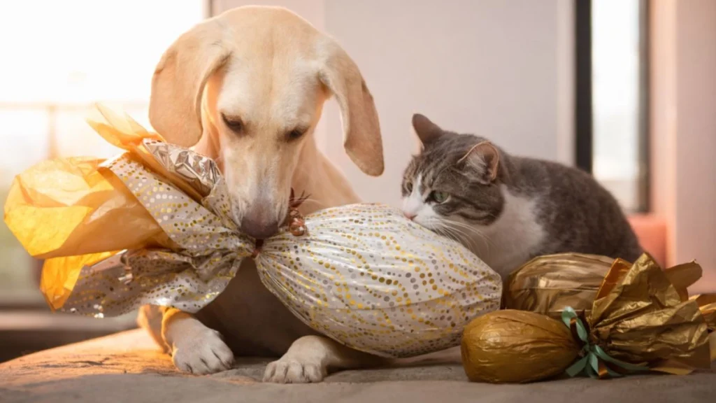 Cachorro E Gato Curiosos Cheirando Ovos De Páscoa Embrulhados Sobre A Mesa, Ilustrando Risco De Intoxicação Para Pets