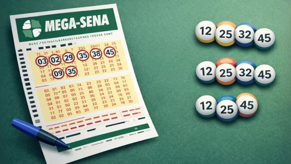 Volante Da Mega-Sena Com Números Marcados Ao Lado De Combinações Ilustradas Por Bolas Numeradas, Representando Apostas Múltiplas Nas Loterias Caixa.