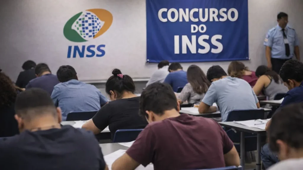 Candidatos Realizam Prova Em Concurso Público Com Banner Do Concurso Do Inss Ao Fundo Da Sala