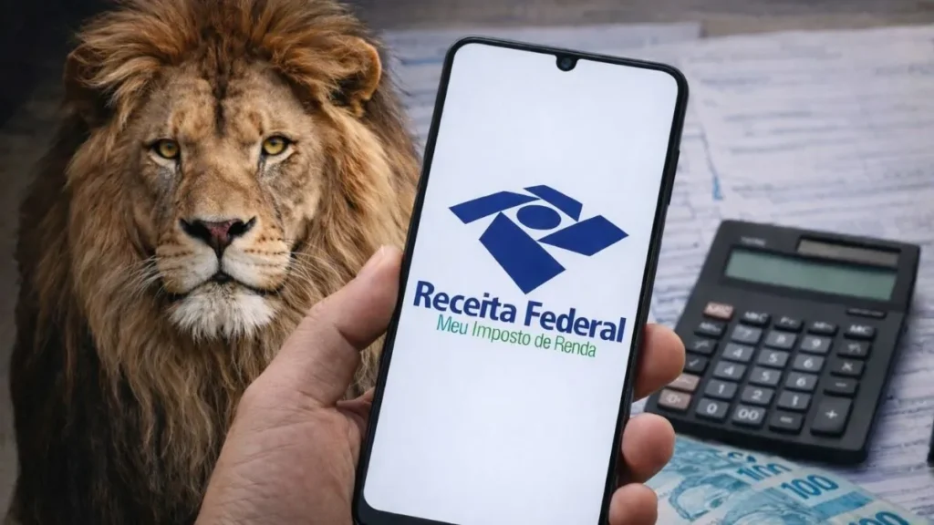 Celular Exibindo Aplicativo Da Receita Federal Para Declaração Do Imposto De Renda Sobre Mesa Com Calculadora, Documentos Fiscais E Notas De 100 Reais.