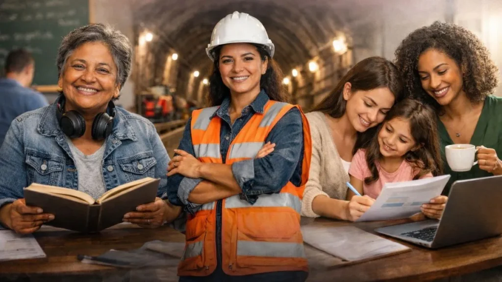 Mulheres De Diferentes Gerações E Profissões Representam O Papel Feminino Na Sociedade, Incluindo Engenheira Em Obra, Mãe Com Filha, Profissional Em Escritório E Mulher Estudando.