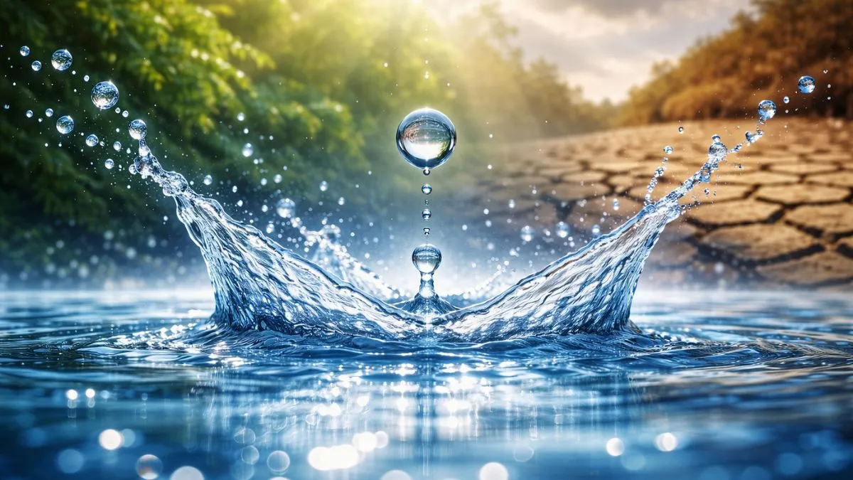 Gota De Água Suspensa Sobre A Superfície Formando Um Splash Simétrico, Com Contraste Entre Área Verde E Solo Seco Ao Fundo, Simbolizando Vida E Escassez Hídrica