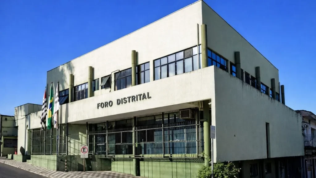 Fachada Do Fórum Distrital De Caieiras Vista Em Perspectiva Com Bandeiras Institucionais E Estrutura Judicial Em Destaque