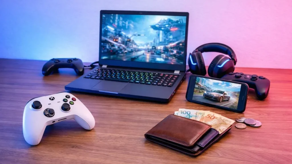Ps5 Passa De R$ 5 Mil E Muda O Jogo: Veja Alternativas Mais Baratas Para Jogar Em 2026 4 Setup De Jogos Com Notebook Gamer, Controle, Smartphone E Carteira Com Dinheiro Em Mesa Iluminada, Representando Alternativas Ao Ps5 Mais Caro